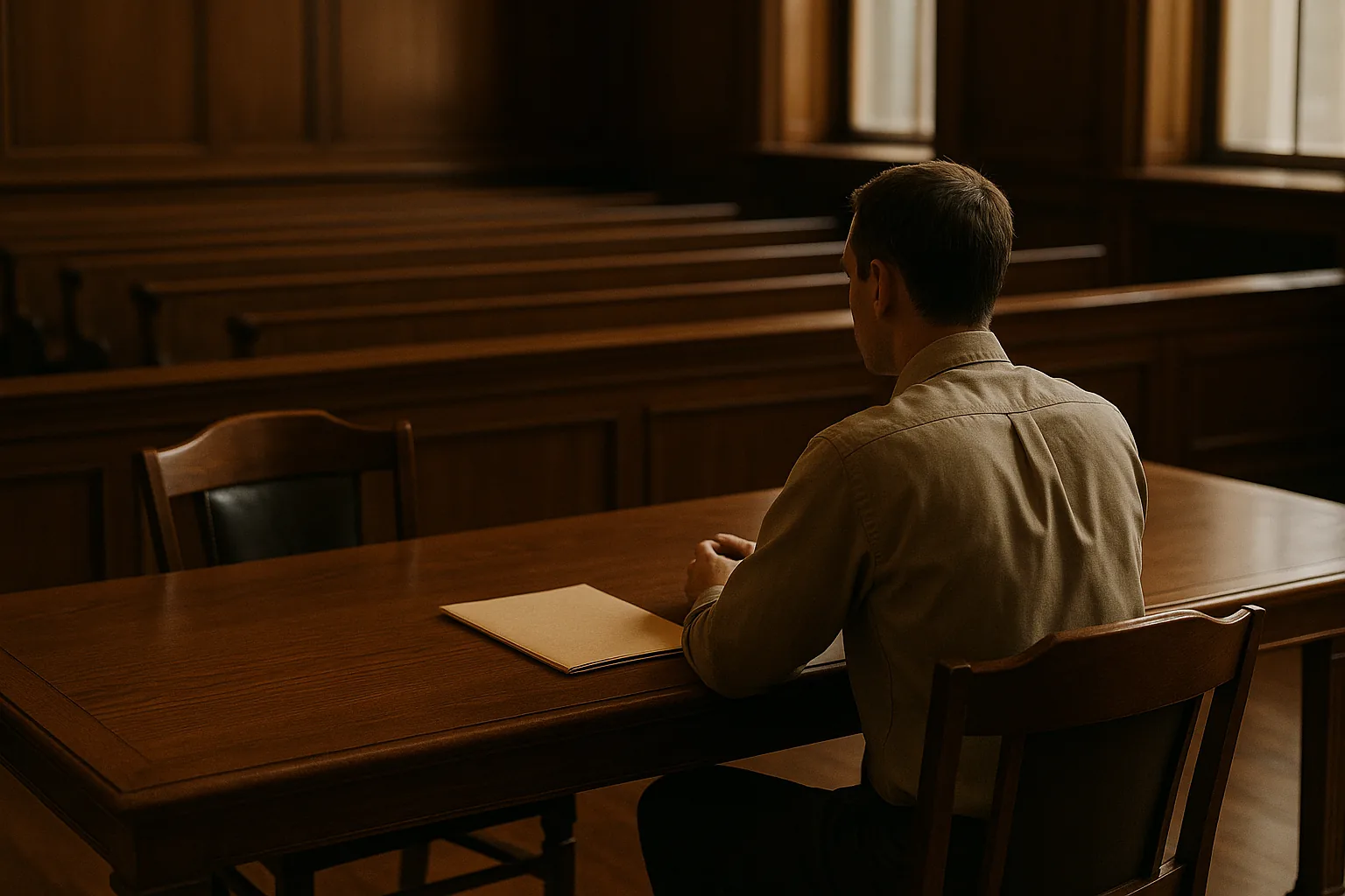 A man sits alone at a counsel table in an empty courtroom with a single thin folder in front of him. The chair beside him — where his lawyer would sit — is empty and pulled slightly out.