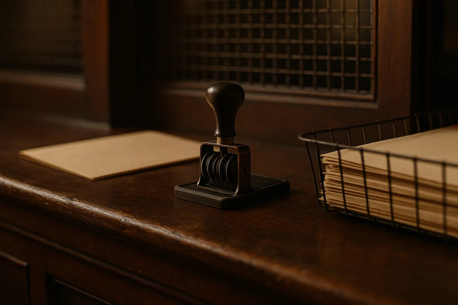 A worn wooden courthouse filing counter: a brass and rubber date stamp resting on its pad, a plain manila envelope, and a wire basket of filed papers seen edge-on, with the grille of a clerk's window blurred behind.