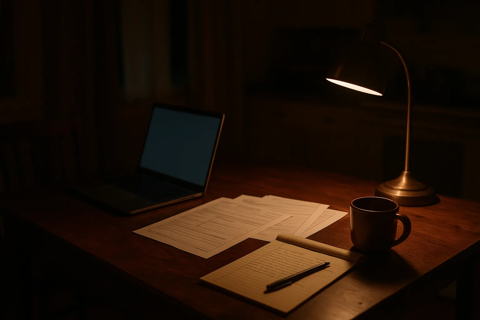 A kitchen table at night used as a workspace: a laptop, printed court forms fanned across the wood, a legal pad covered in handwriting, a pen and a half-finished mug of coffee under a small lamp.