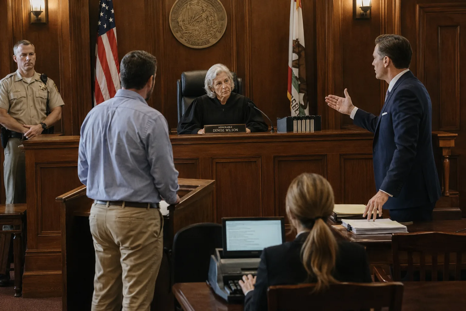 A man in a shirt and khakis stands alone at the lectern of a courtroom, addressing the judge. Across the aisle, opposing counsel in a tailored suit gestures while an associate takes notes beside a stack of case files.