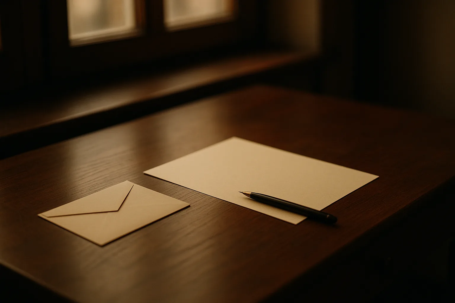 A plain wooden writing desk beneath a window in the morning: a single blank sheet of cream paper squared on the surface, a simple pen resting beside it, and a plain envelope to one side.