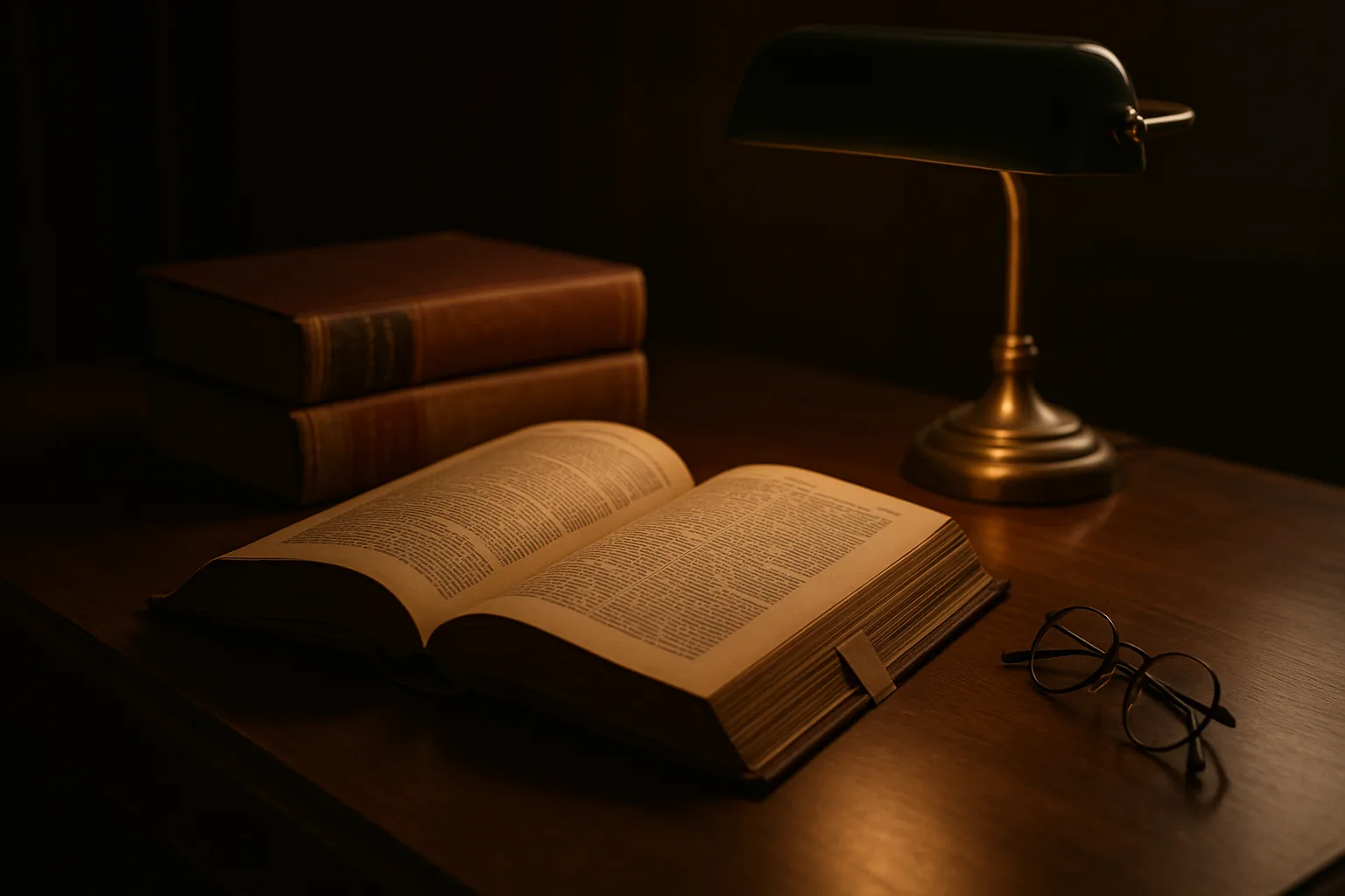 An open law reporter volume on a walnut desk under a brass lamp, its pages dense with columns of type, two more bound volumes stacked beside it and reading glasses folded at the edge.