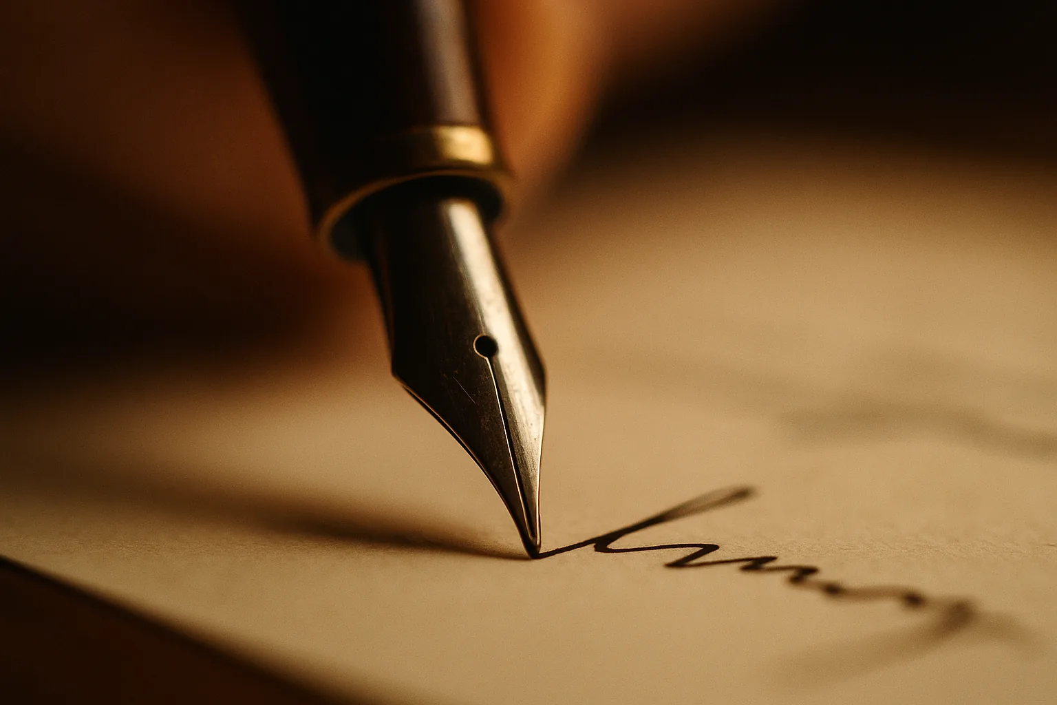 Extreme close-up of a pen nib touching cream paper at the instant of a signature, a single fresh stroke of dark ink curving away from it.